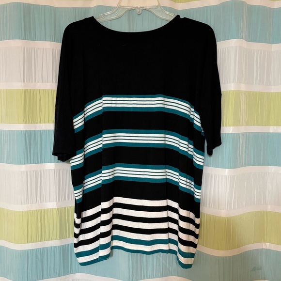 Karen Kane Striped Top Black, White & Turquoise Sz Medium - Picture 6 of 7